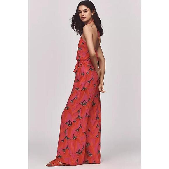 Farm Rio Halter Neck Flowy Wide Leg One Piece Jumpsuit Women's Size XL Red - Picture 3 of 4
